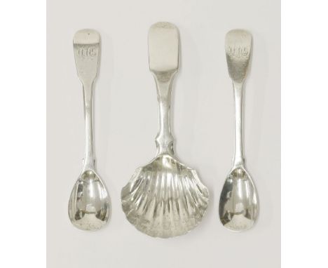 A George III Irish silver fiddle pattern caddy spoon,maker's mark Matthew West overstriking another mark, Dublin c.1808-09,wi