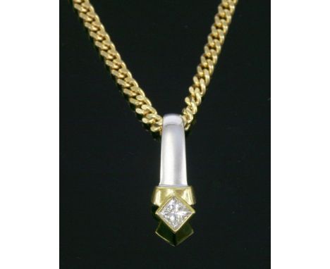 An 18ct yellow and white gold single stone diamond pendant,with a princess cut diamond offset to a yellow collet with a yello