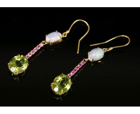 A pair of gold, opal, pink sapphire and peridot drop earrings,with an oval cabochon opal, four claw set to the top.  An artic