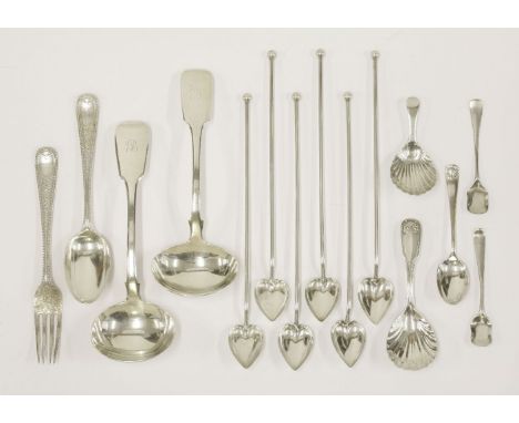 A collection of 18th century and later silver flatware,comprising:an old english pattern caddy spoon,by George Smith & Willia