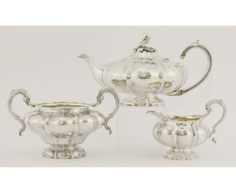 A matching George IV/William IV silver three-piece melon shaped tea set,the teapot,by Rebecca Emes and Edward Barnard, London