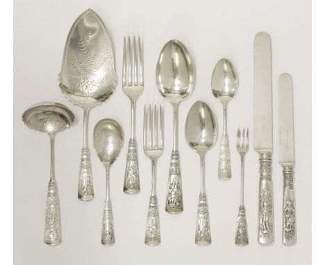 A 19th century American silver Gorham 'Fontainebleau' pattern flatware service,designed by F Antoine Heller, c.1885,each engr