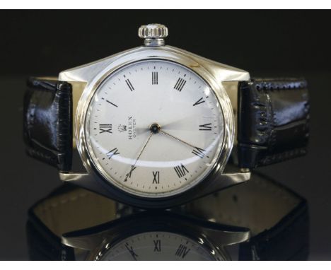 A gentlemen's stainless steel Rolex Oyster mechanical strap watch, c.1944,silvered dial with Roman numerals, gilt hands and b