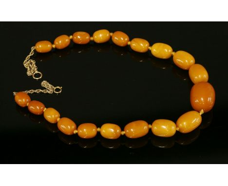 A single row graduated olive shaped amber bead necklace,with a later gold backchain.  The beads 14.5 x 10.2mm - 28 x 20.5mm i