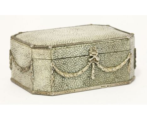 An Edwardian silver mounted shagreen jewellery box, by Samuel Jacob, London 1910, of rectangular form with canted corners, th