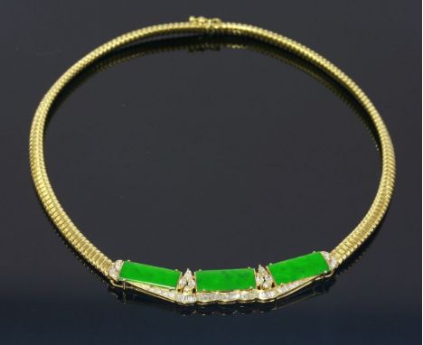 A Continental gold, jade and diamond gas pipe necklace,with a centrepiece of three rectangular jade plaques.  Each plaque cla