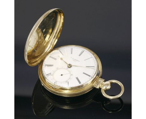 A gold key wound hunter pocket watch,the dial signed 'E. D. Johnson, London No. 12851'.  The case 54mm diameter, probably Ame