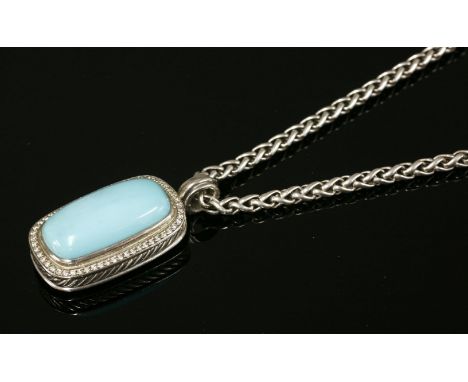 A sterling silver turquoise and diamond Albion pendant,by David Yurman, with a rectangular cushion shaped turquoise cabochon 