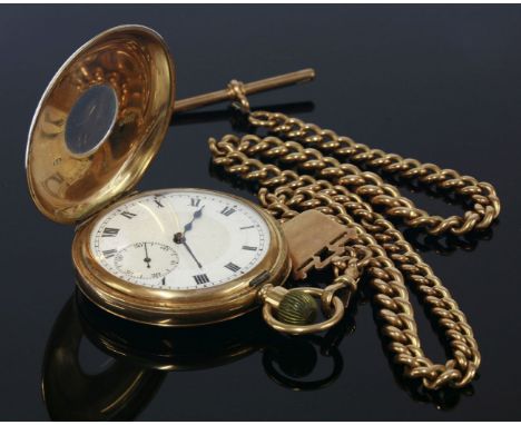 A 9ct gold top wind half hunter pocket watch,Chester 1920, the case 50mm diameter, with black enamel Roman numeral chapter ri