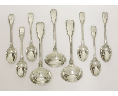 A pair of William IV silver fiddle and thread pattern sauce ladles,by William Chawner, London 1831, andanother George IV silv