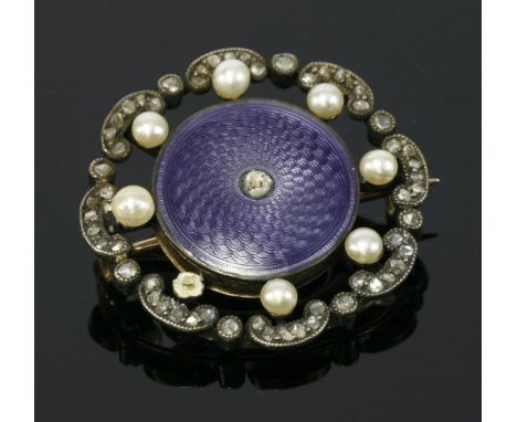 An Edwardian enamel, pearl and diamond set octofoil brooch, c.1910,a central circular guilloché mauve enamel plaque, to a cir