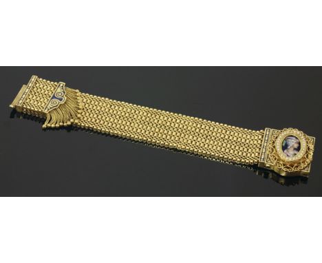 An American gold jarretière bracelet,with a concealed mechanical Swiss watch by Paul Buhre and a French Limoges plaque cover.