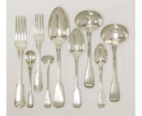 A George III/Victorian composite silver fiddle and thread pattern flatware service,mixed dates and makers,comprising:6 table 