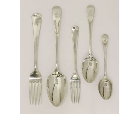 A George III/Victorian composite silver old english pattern flatware service,mixed dates and makers, comprising:12 table fork