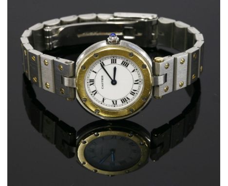 A ladies' bicolour Cartier Santos Vendome quartz bracelet watch,white enamel dial, black Roman numerals and blued hands.  Gol