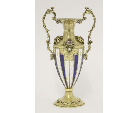 A Continental silver gilt and enamel two-handled vase,stamped 925 to base,the body decorated with panels of blue and white en