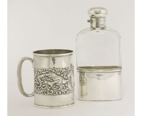 A silver mounted glass spirit flask,probably by Thomas Ingleton, London 1920,of usual form with removable sleeve,14cm long, a