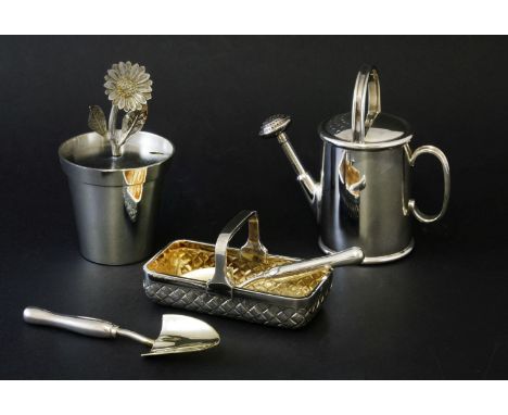 A modern novelty silver 'Garden' condiment set,by Garrard & Co., Ltd., London 1995,comprising:a salt modelled as a trug,9cm l