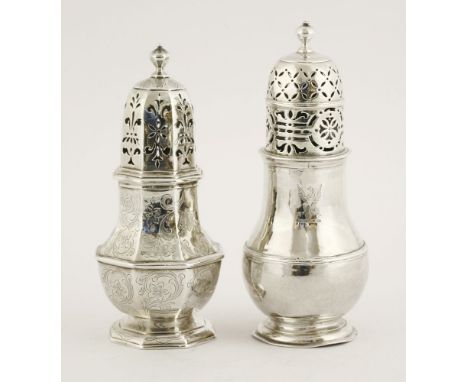 A George I silver caster,by Charles Adam, London 1714,of baluster form with moulded girdle on collet foot, the pierced domed 