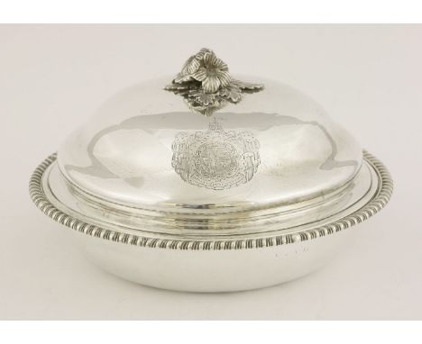 A Georgian/Victorian silver entrée dish and cover,the dish with very worn hallmarks, the later cover and flower finial by Ric