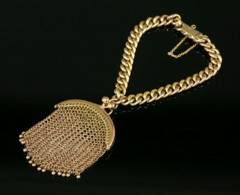 A late Victorian gold bracelet and coin purse,with a hollow curb link chain bracelet with concealed box clasp and safety chai