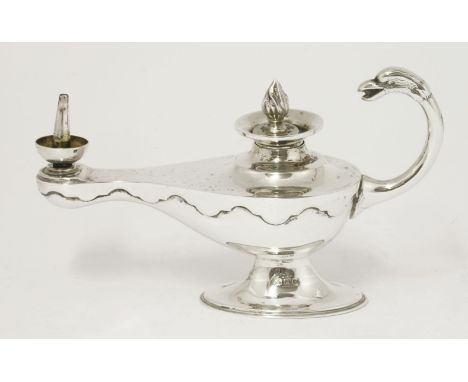 A silver Aladdin lamp cigar lighter,by Henry Clifford Davis, Birmingham 1955,with swan neck handle,12cm long