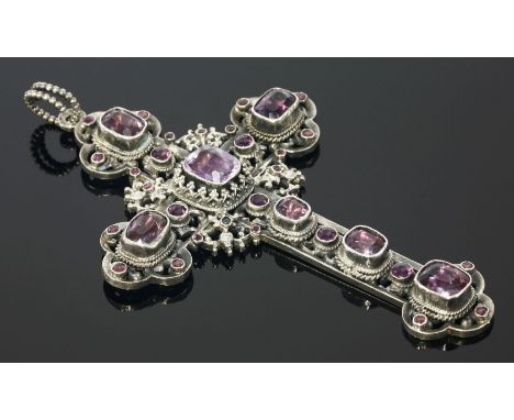 An Austro-Hungarian amethyst and paste set pectoral cross,with trefoil ends and beaded jump ring.  Marked for Pest 1872-1922.