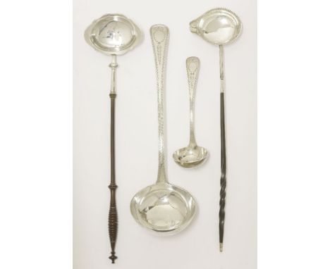 A Victorian Scottish silver bright cut old english pattern soup ladle and sauce ladle,by J Muirhead & Sons, Glasgow 1866,soup