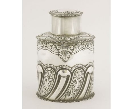 A Victorian silver tea caddy,by Deakin & Francis, Birmingham 1893,of half fluted cylindrical form with pull-off cover, with f