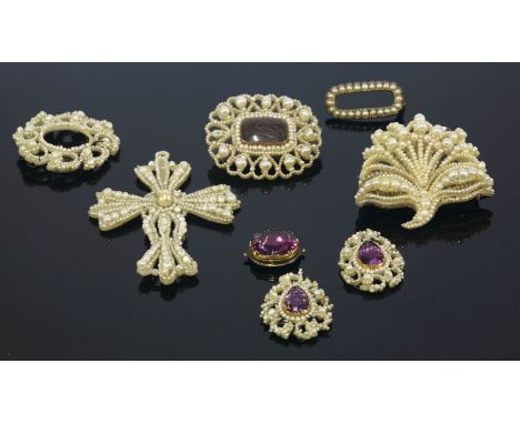 A collection of late Georgian seed pearl brooches and earring pendants,a spray brooch composed of seed pearls and graduated p