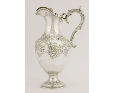 A Victorian silver hot water jug,by Roberts & Hall, Sheffield 1849,of vase shape with waisted neck on pedestal circular foot,