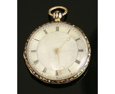A Swiss gold and enamel, open faced, key wound pocket watch,the case 39mm diameter, with a silver engine turned dial, black R
