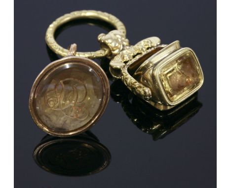 A Georgian gold hardstone seal, c.1790,with a quartz matrix intaglio, engraved with the initials 'AB' attributed to Archibald