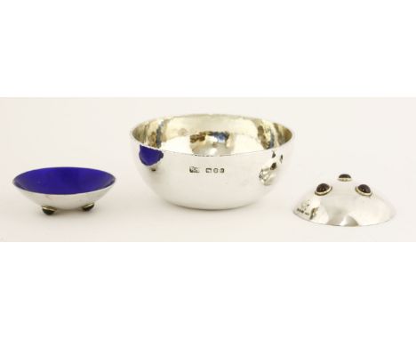 A pair of Scottish silver and enamel salts,by Angus McFadyen, Edinburgh 2001,of shallow circular form on three cabochon garne