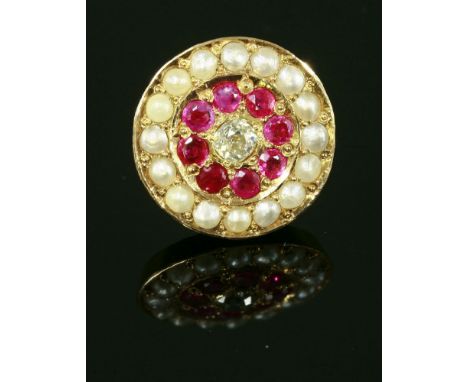 A pair of Anglo-Indian diamond, ruby and split pearl cluster earrings, c.1900,with a central old European cut diamond surroun