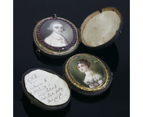 A gold mounted portrait miniature pendant with a garnet border, late 18th century, the painted miniature of a gentleman in a 