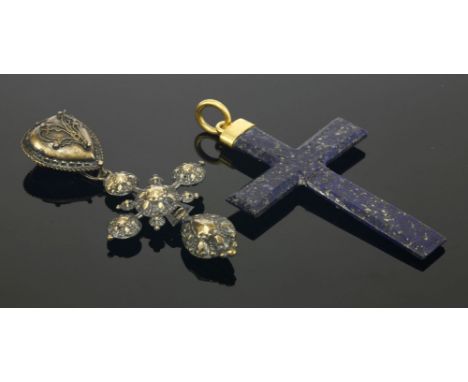 A French silver gilt heart and cross pendant,with a hollow heart slide, decorated with applied twisted wire scrolls and outer