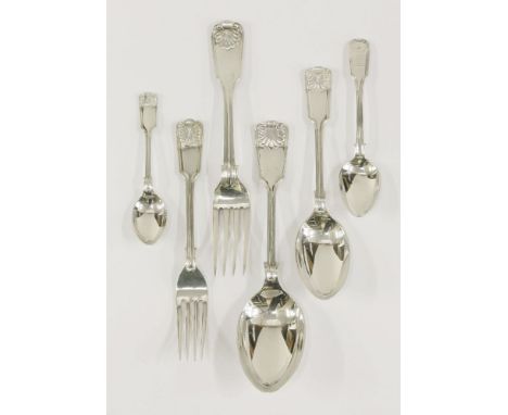 A George III/modern composite silver fiddle thread and shell pattern flatware service,mixed dates and makers,comprising:9 tab