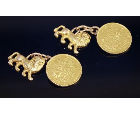 A pair of gold half sovereign and half pound coin cufflinks,each with a half sovereign dated 1887 and a half pound dated 1894