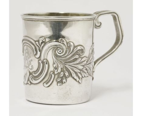 A 19th century Russian silver child’s mug,by Fabergé, Moscow 1891/96,the cylindrical body decorated with scrolling foliate fr