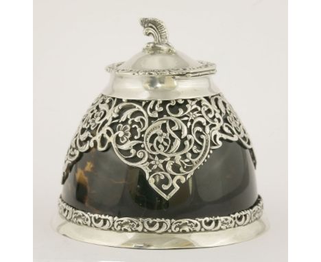A Victorian silver and tortoiseshell inkwell,by H J Batson & A E Batson, London 1899,of domed circular form with pierced foli