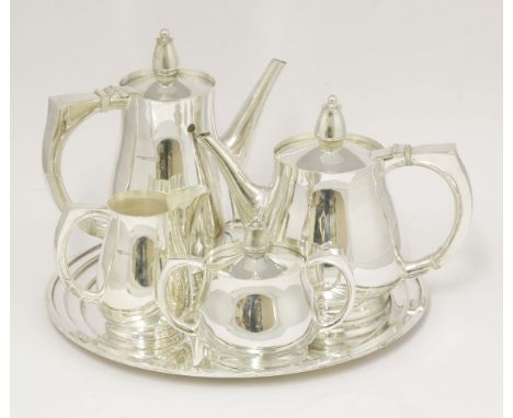 A silver five-piece tea set,by Chesterfield College of Art, Sheffield 1983, comprising teapot, hot water jug, two-handled sug