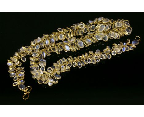 A 14ct gold graduated moonstone garland necklace,with oval cabochon moonstones, spectacle set to plain frame and all joined b