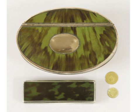 An early 19th century French silver mounted green stained tortoiseshell box,of plain rectangular form and lined with silver,6