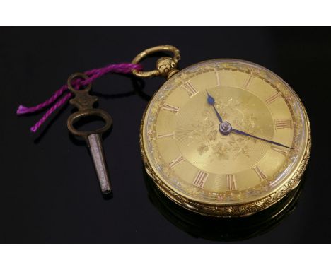 An 18ct gold key wound open faced pocket watch, London 1856,the case 42mm diameter, with a gold chased dial, raised Roman num