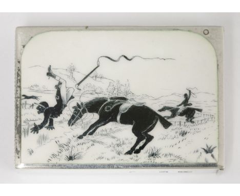 A Victorian silver and black and white enamel vesta case,by Sampson Mordan & Co., London 1885,with amusing scene of a huntsma