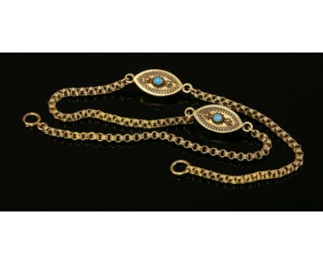 A Victorian turquoise and pearl gold necklace,with two double-sided marquise stations.  Both claw set to one side with a cabo