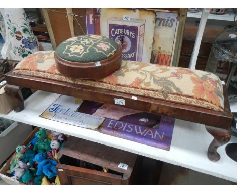 An Edwardian long foot stool on Queen Anne legs & a round footstool with tapestry top