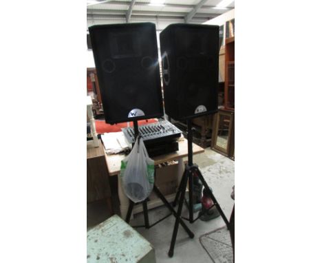 A pair of 'W' audio DX-12 PA speakers & stands, a Samson TM500 Pro mixer desk & Pioneer mini disc recorder