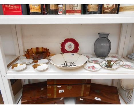 A shelf of porcelain & glass vases including Royal Worcester & Coalport etc.